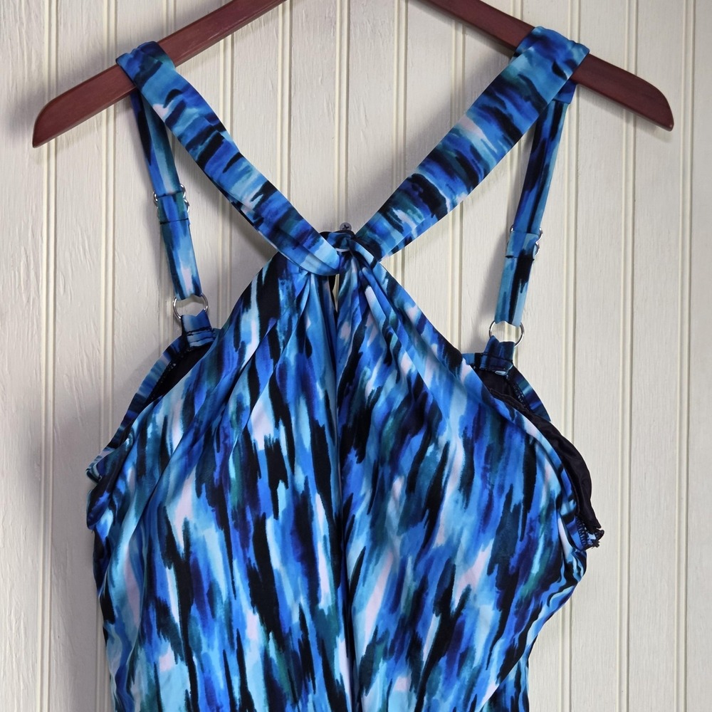 Tankini Swim Set Womens 22W Plus Blue Ikat 3 Piece Top Skirt Lined Brief